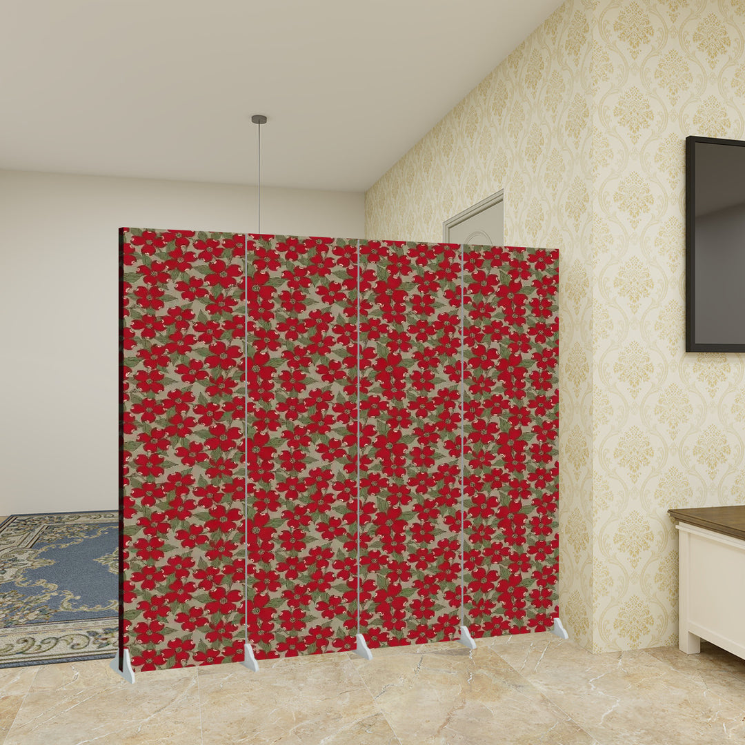 4 Panel Room Divider Folding Screen / North Carolina Dogwood - Red