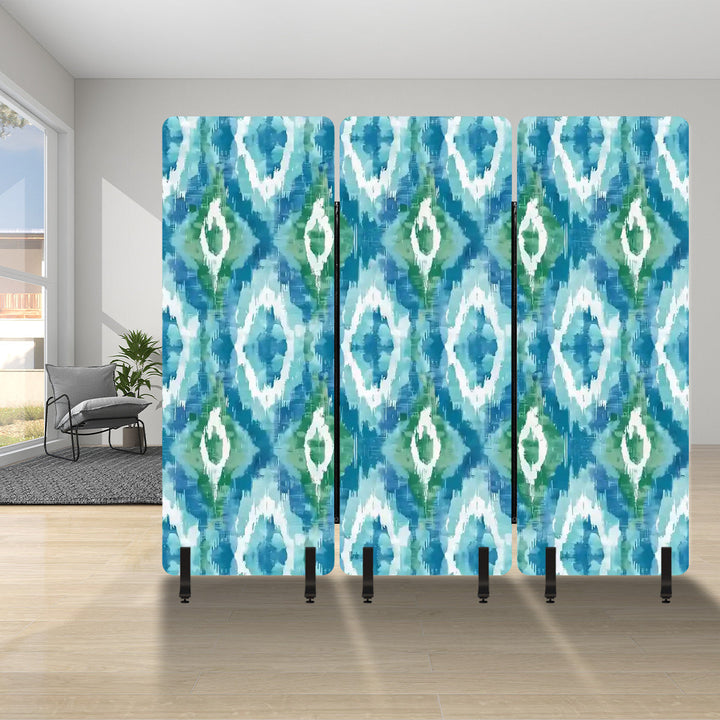 3 Panel Sound-Absorbing Room Divider / Ikat Fusion - Pale Blue and Greens