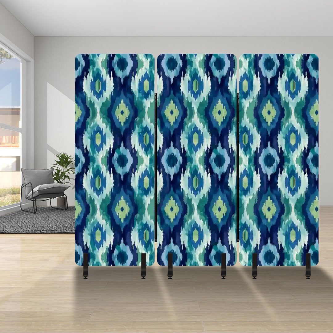 3 Panel Sound-Absorbing Room Divider / Ikat Fusion - Emerald Green and Sapphire Blues