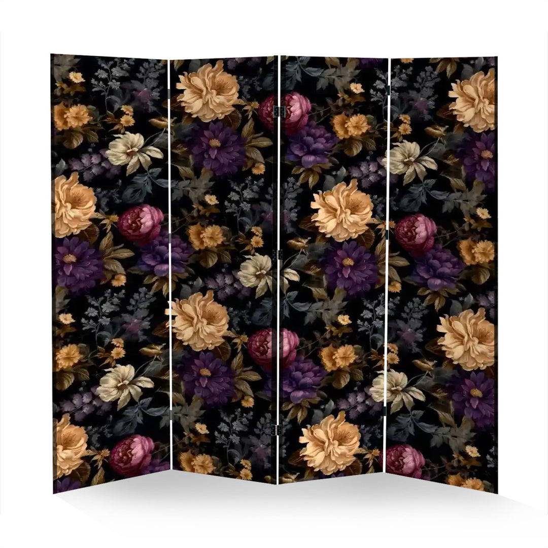 4 Panel Room Divider Folding Screen / Dark, Moody Floral - Purple and Gold