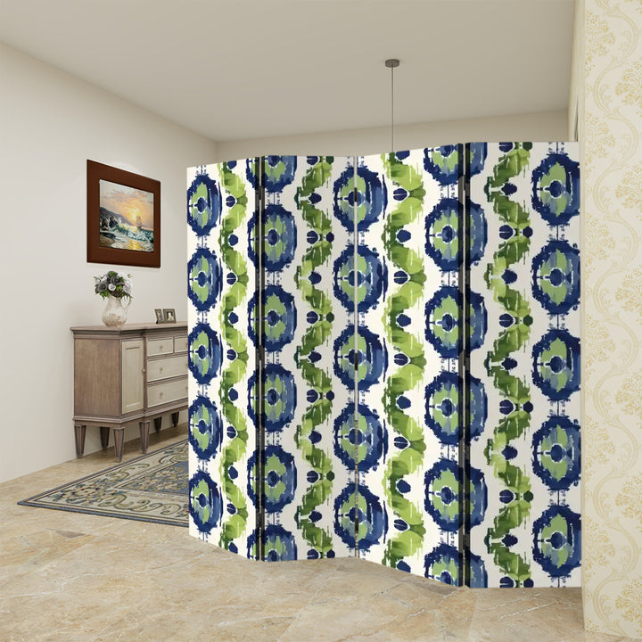 4 Panel Room Divider Folding Screen / Ikat Fusion - Navy Blue and Peridot Greens