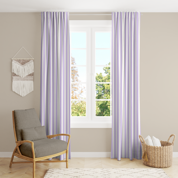 Window Curtain Set - Cotton Blend (2 Panels) | French Stripe - Heliotrope  (Vintage Cottage Collection)