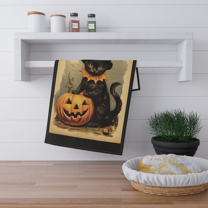 Cotton Twill Tea Towel / Vintage Halloween Art - Black Cats