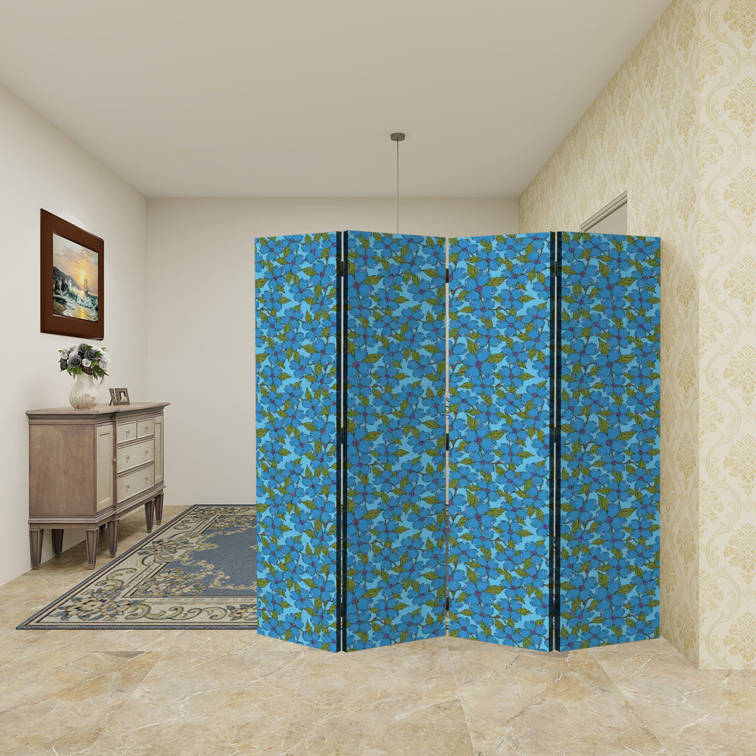 4 Panel Room Divider Folding Screen / North Carolina Dogwood - Blue