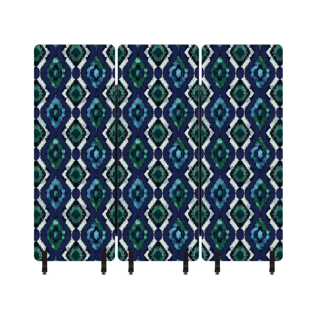 3 Panel Sound-Absorbing Room Divider / Ikat Fusion - Emerald Green and Sapphire Blues