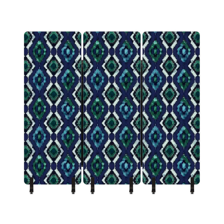 3 Panel Sound-Absorbing Room Divider / Ikat Fusion - Emerald Green and Sapphire Blues