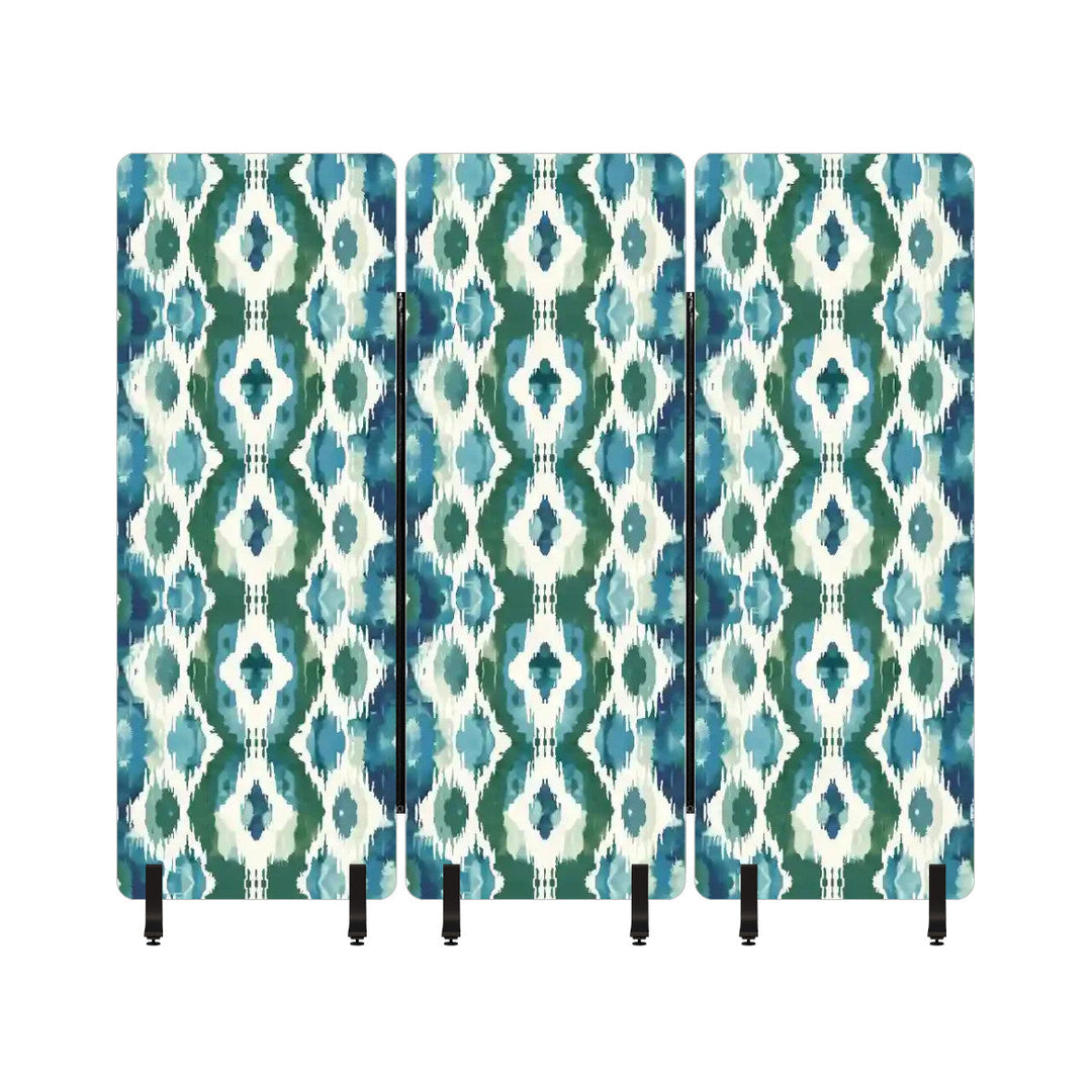 3 Panel Sound-Absorbing Room Divider / Ikat Fusion - Pale Blue and Greens