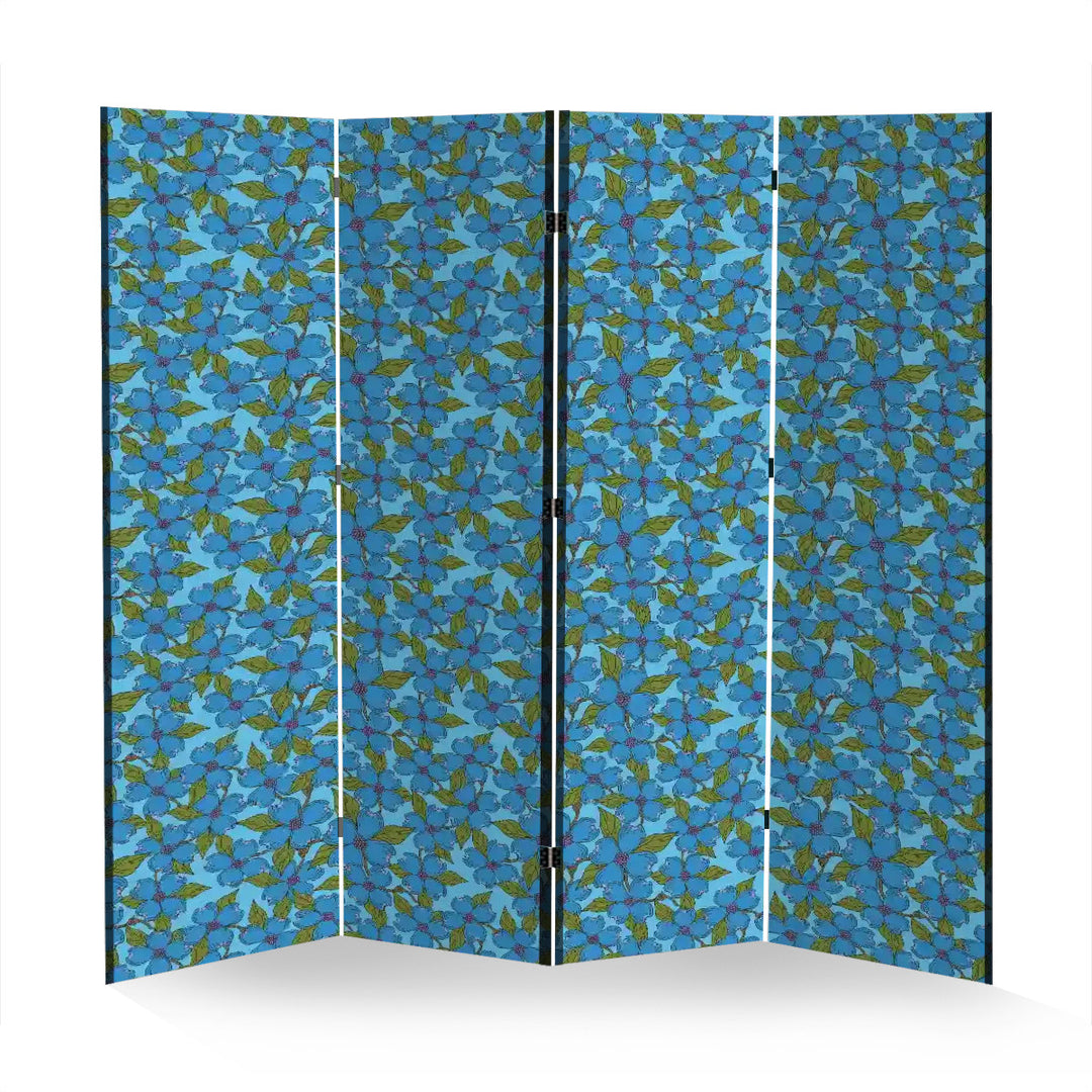 4 Panel Room Divider Folding Screen / North Carolina Dogwood - Blue