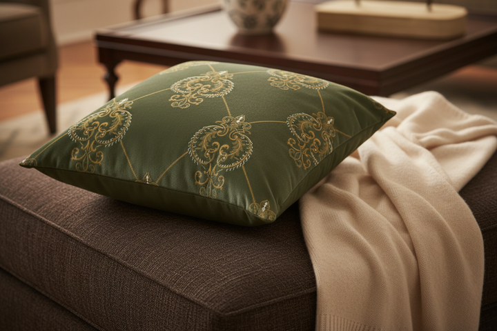 Harvest Garden Dutch Velvet Decorative Pillow - Heart Scroll (Deep Moss)