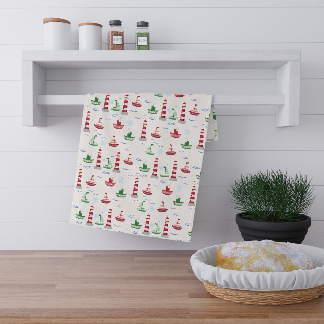 Cotton Twill Tea Towel / Christmas on the Coast / Boats and Snowflakes