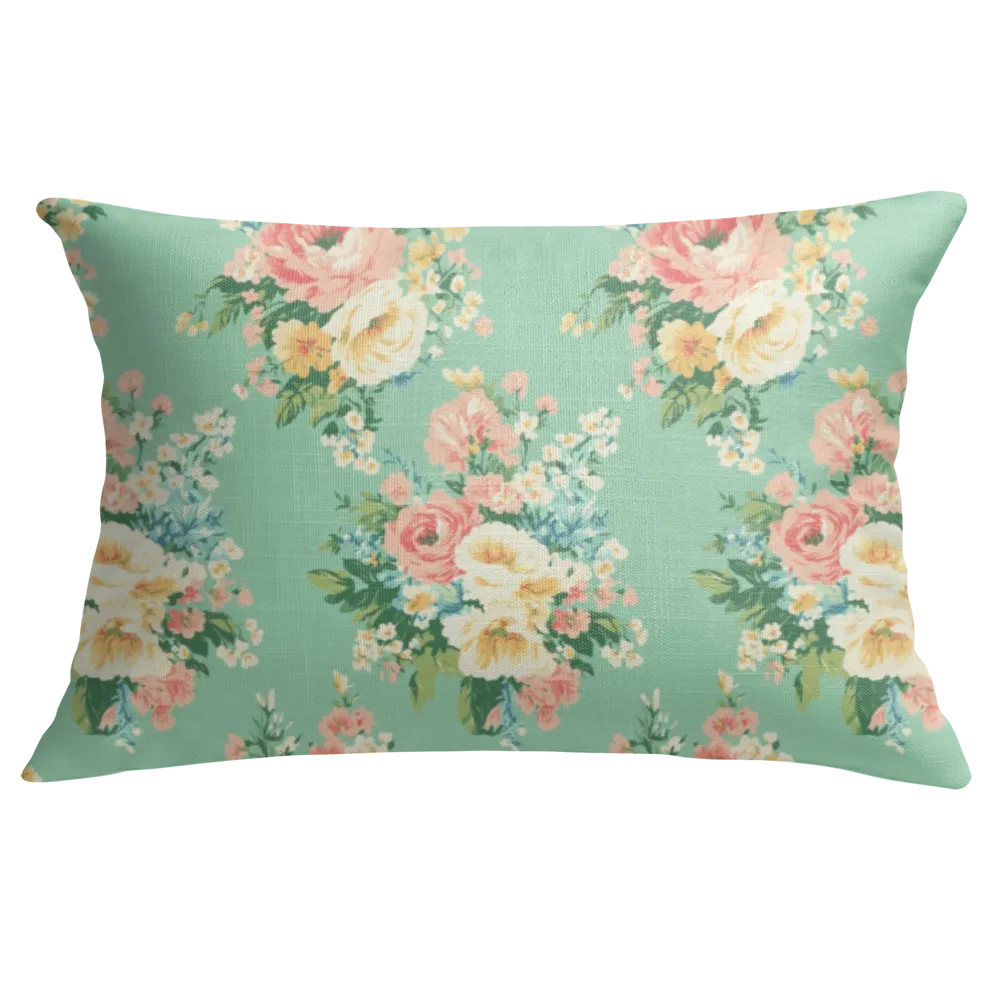 Florence - Aqua Floral Lumbar Pillow – Personalized Panel | Vintage Cottage Collection