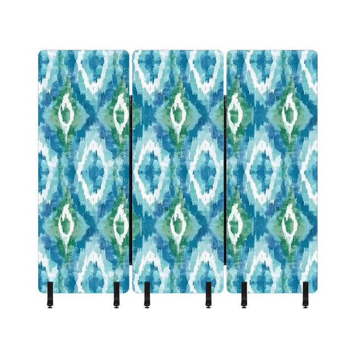 3 Panel Sound-Absorbing Room Divider / Ikat Fusion - Pale Blue and Greens