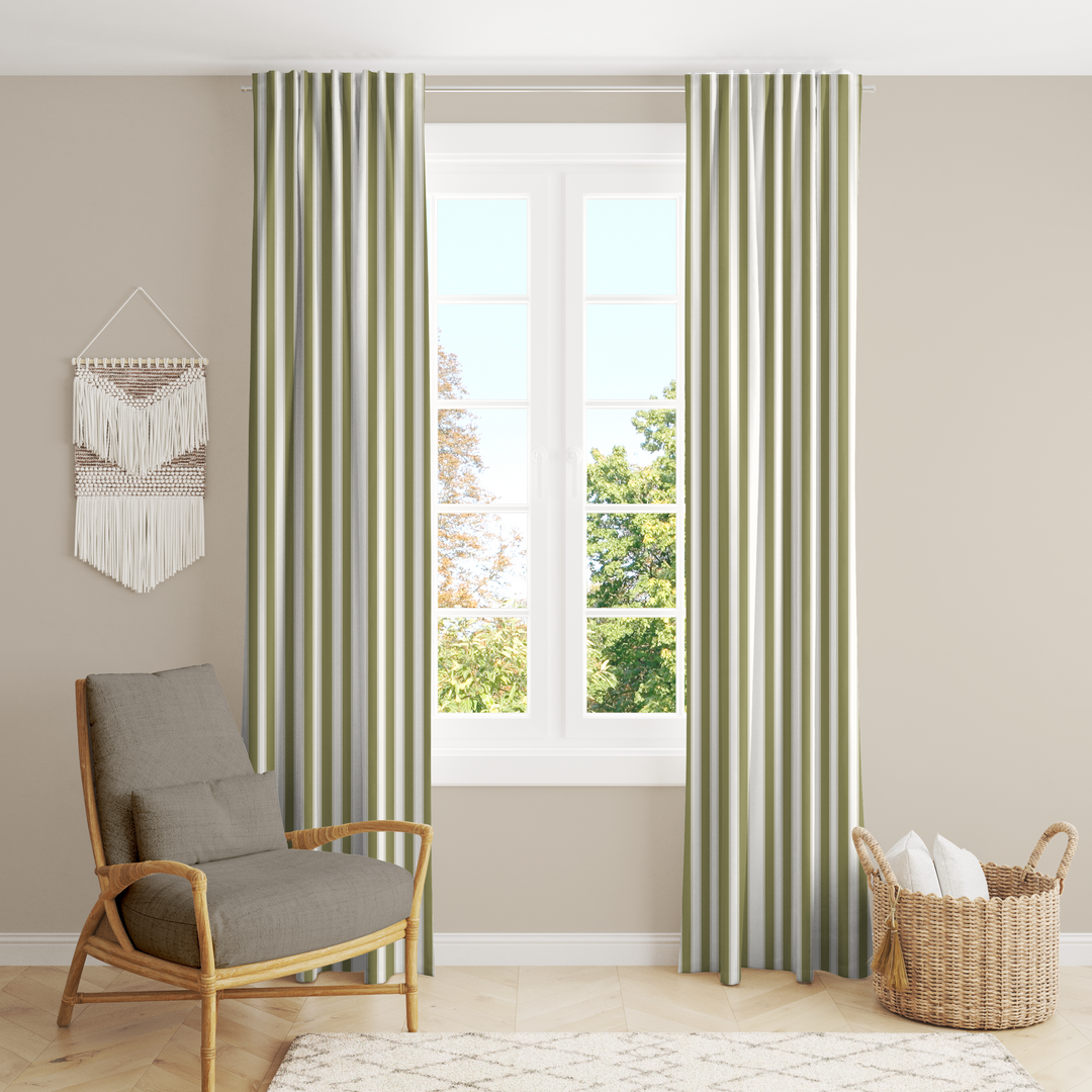 Window Curtain Set - Cotton Blend (2 Panels) | French Stripe - Artichoke  (Vintage Cottage Collection)