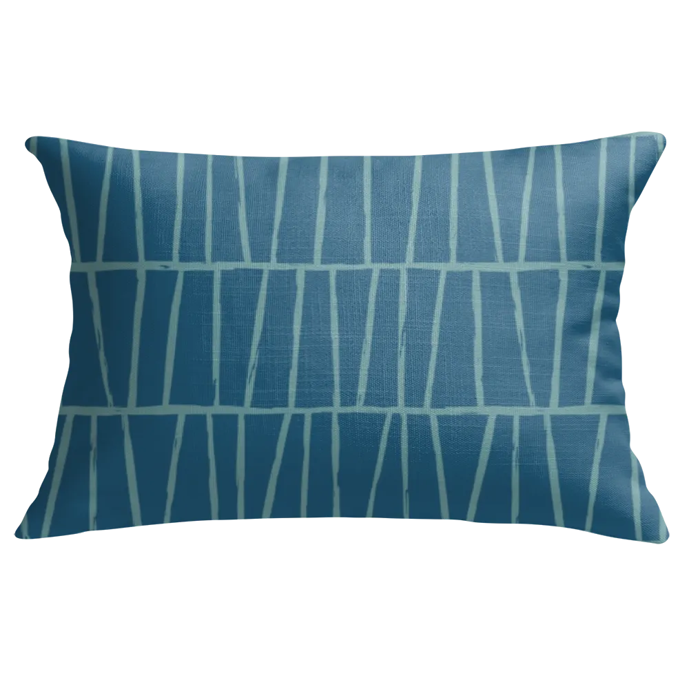 deep teal lumbar pillow with geometric tall trapezoid pattern