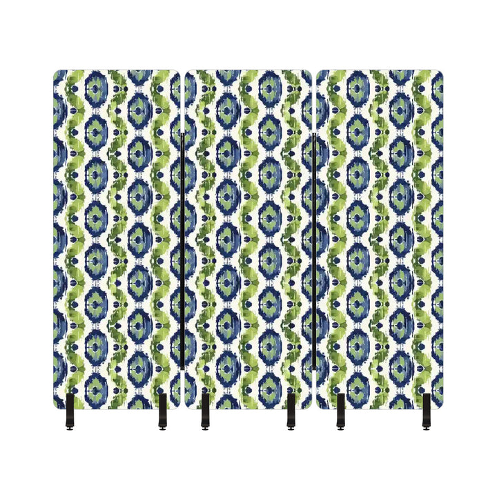 3 Panel Sound-Absorbing Room Divider / Ikat Fusion - Navy Blue and Peridot Greens