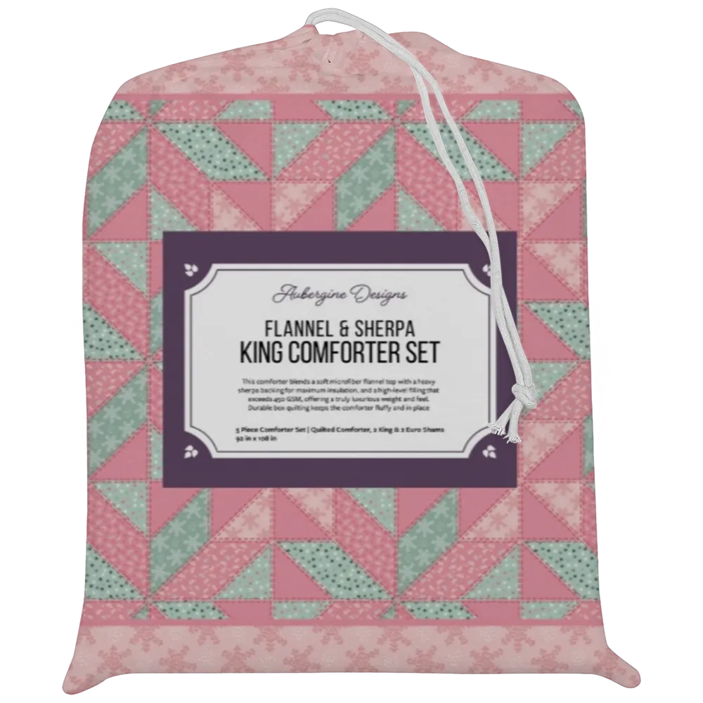 Luxury Flannel & Sherpa Comforter Set | Patchwork Star - Pink Pattern