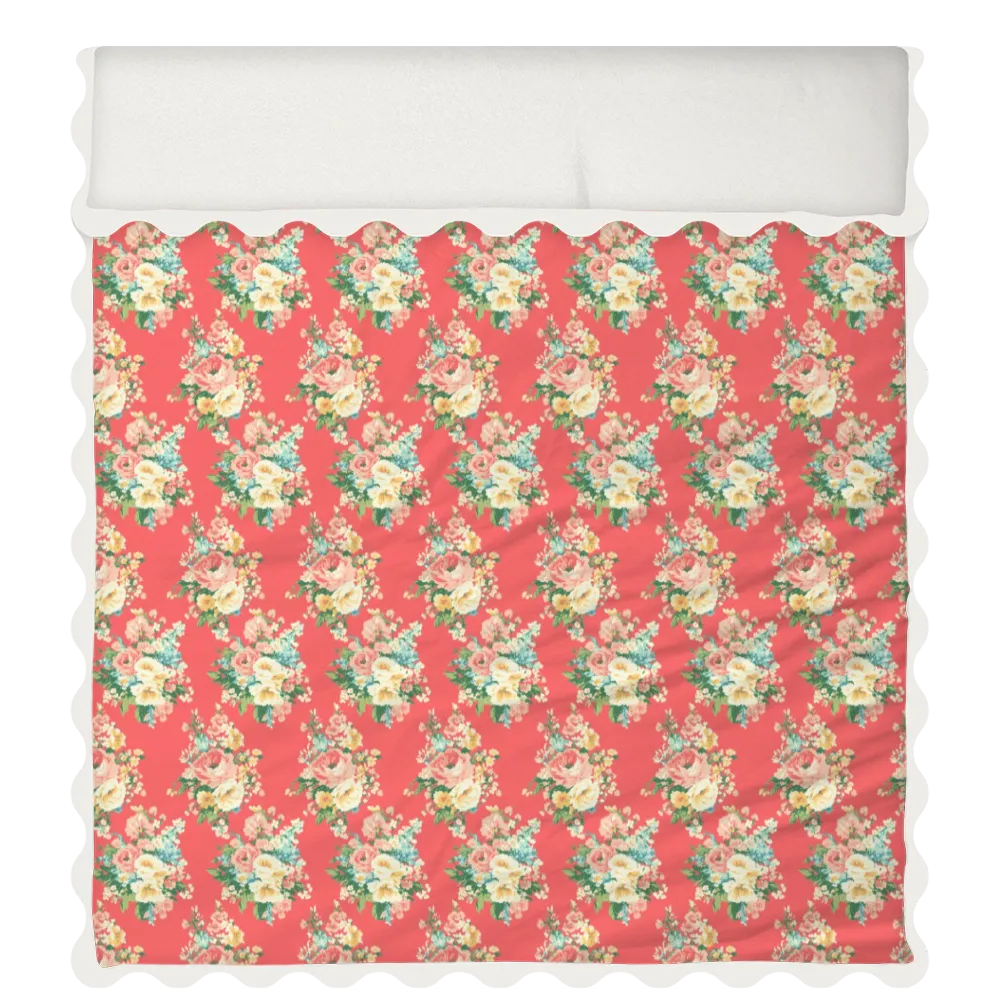 Vintage Cottage Collection Scalloped Duvet Cover Set - Florence (Dark Coral)