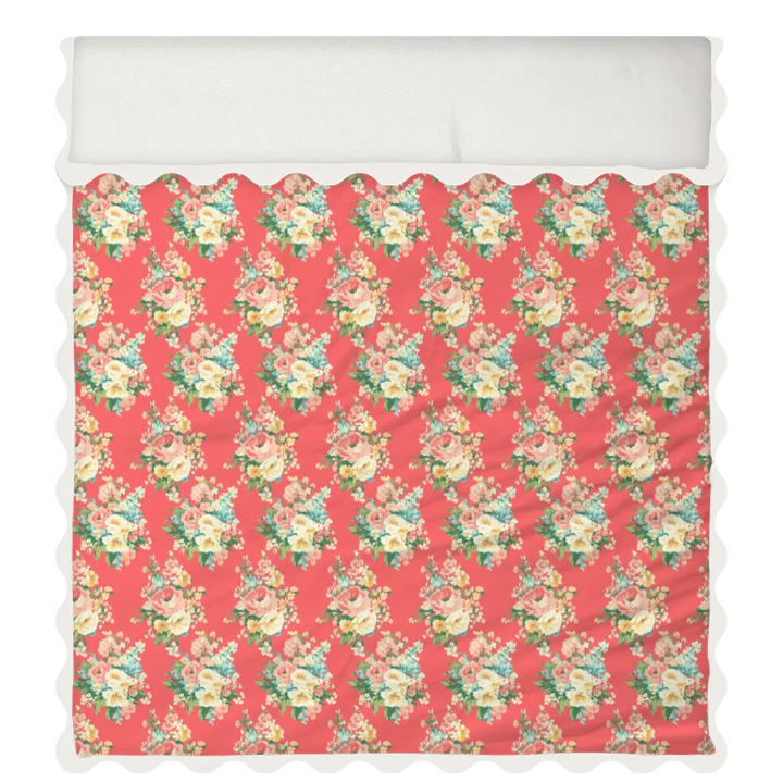 Vintage Cottage Collection Scalloped Duvet Cover Set - Florence (Dark Coral)