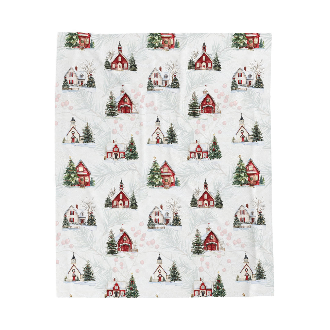 Velveteen Plush Blanket / New England Christmas / Houses