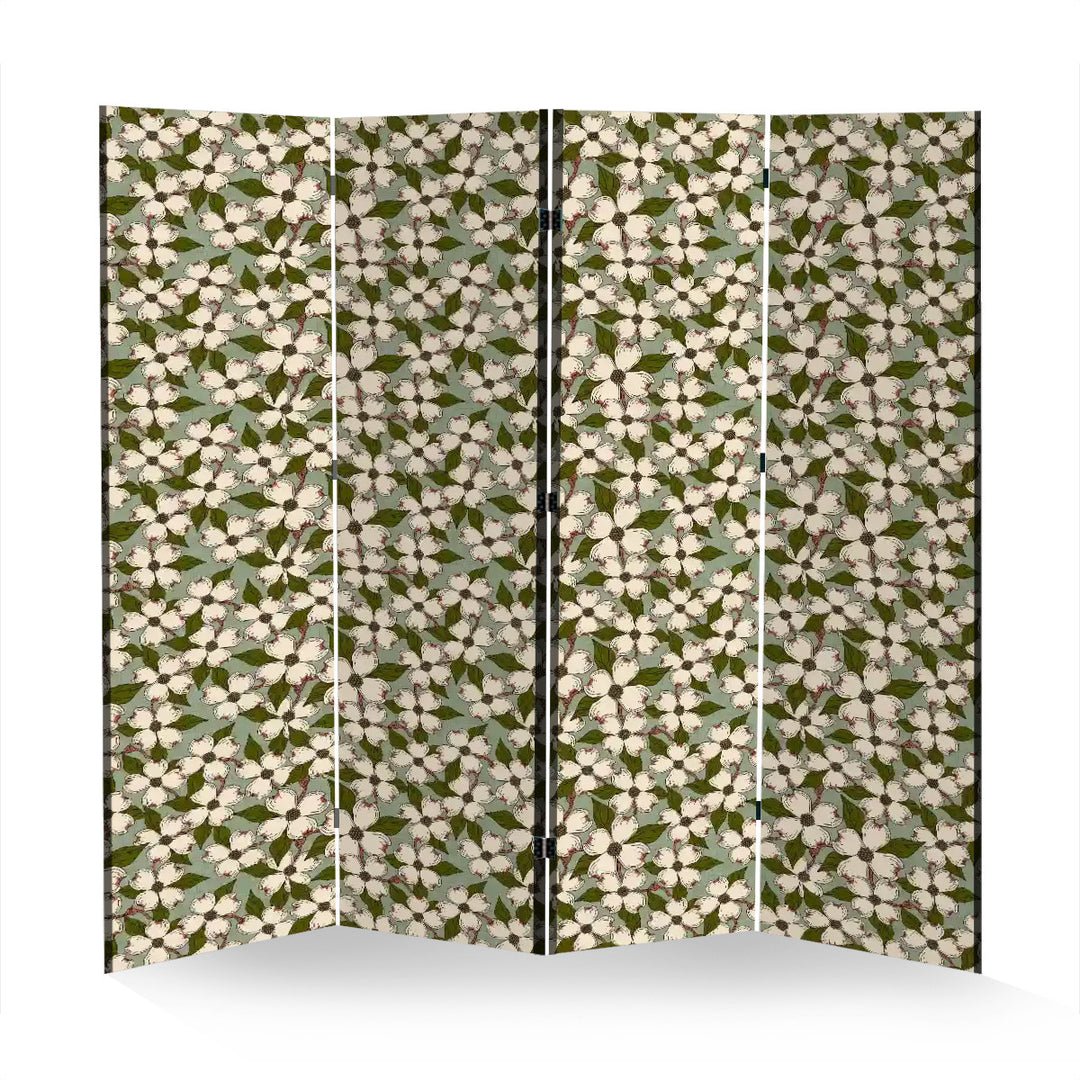 4 Panel Room Divider Folding Screen / North Carolina Dogwood - White