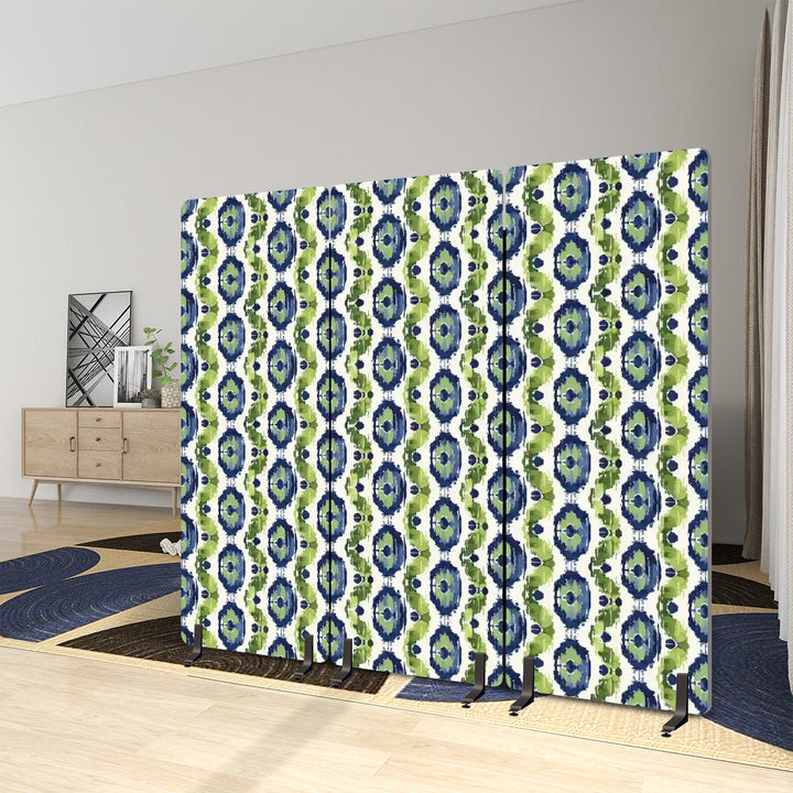 3 Panel Sound-Absorbing Room Divider / Ikat Fusion - Navy Blue and Peridot Greens