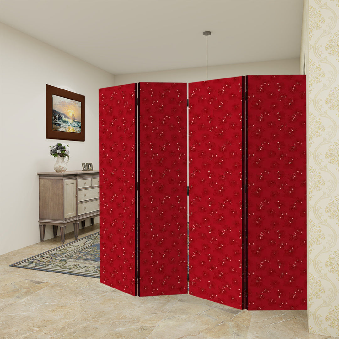 4 Panel Room Divider Folding Screen / Dogwood Blossoms - Red