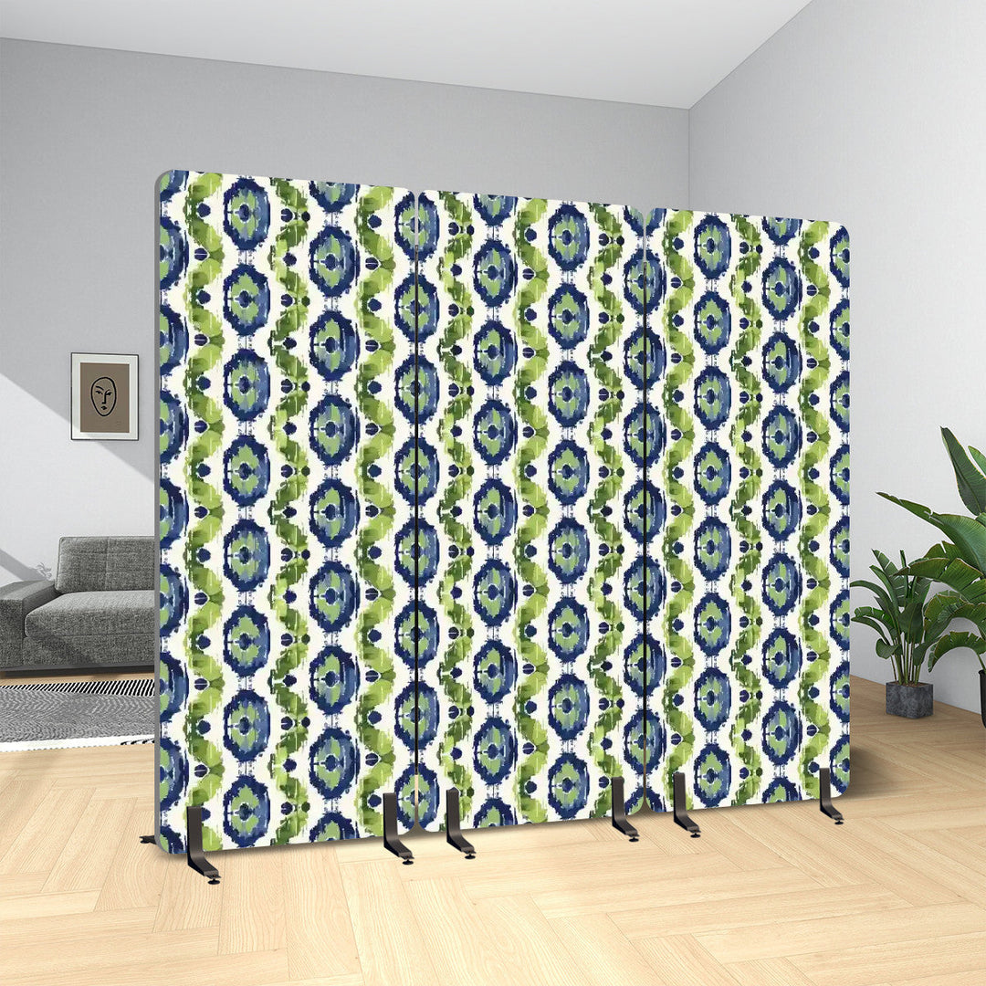 3 Panel Sound-Absorbing Room Divider / Ikat Fusion - Navy Blue and Peridot Greens