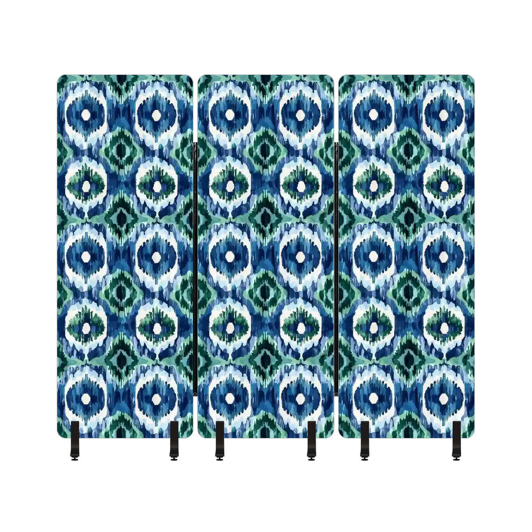 3 Panel Sound-Absorbing Room Divider / Ikat Fusion - Emerald Green and Sapphire Blues