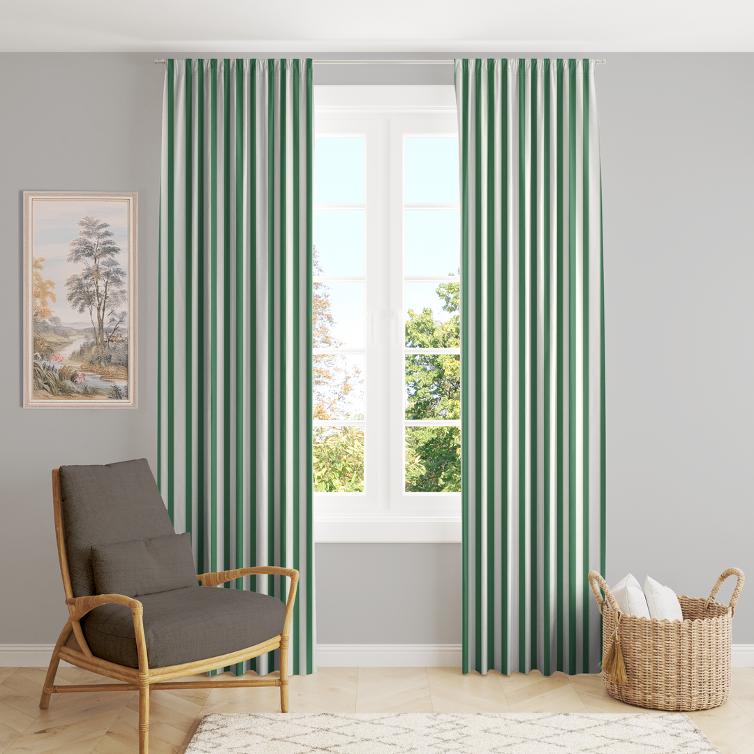 Window Curtain Set - Cotton Blend (2 Panels) | French Stripe - Green  (Vintage Cottage Collection)