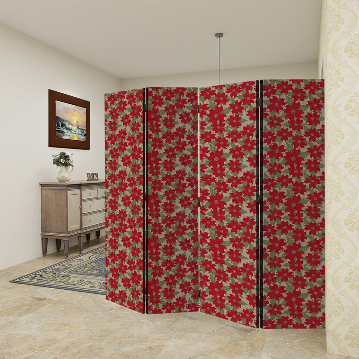 4 Panel Room Divider Folding Screen / North Carolina Dogwood - Red