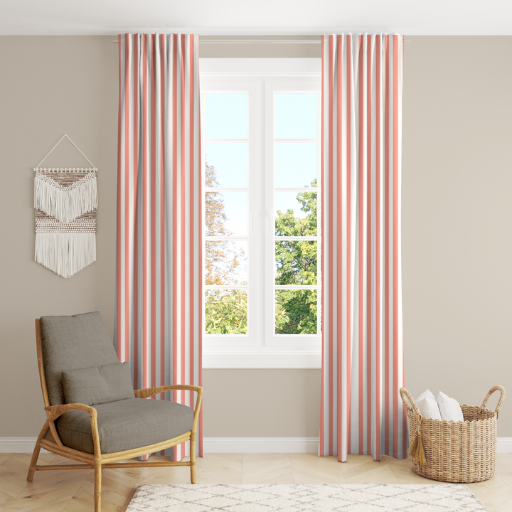 Window Curtain Set - Cotton Blend (2 Panels) | French Stripe - Salmon  (Vintage Cottage Collection)