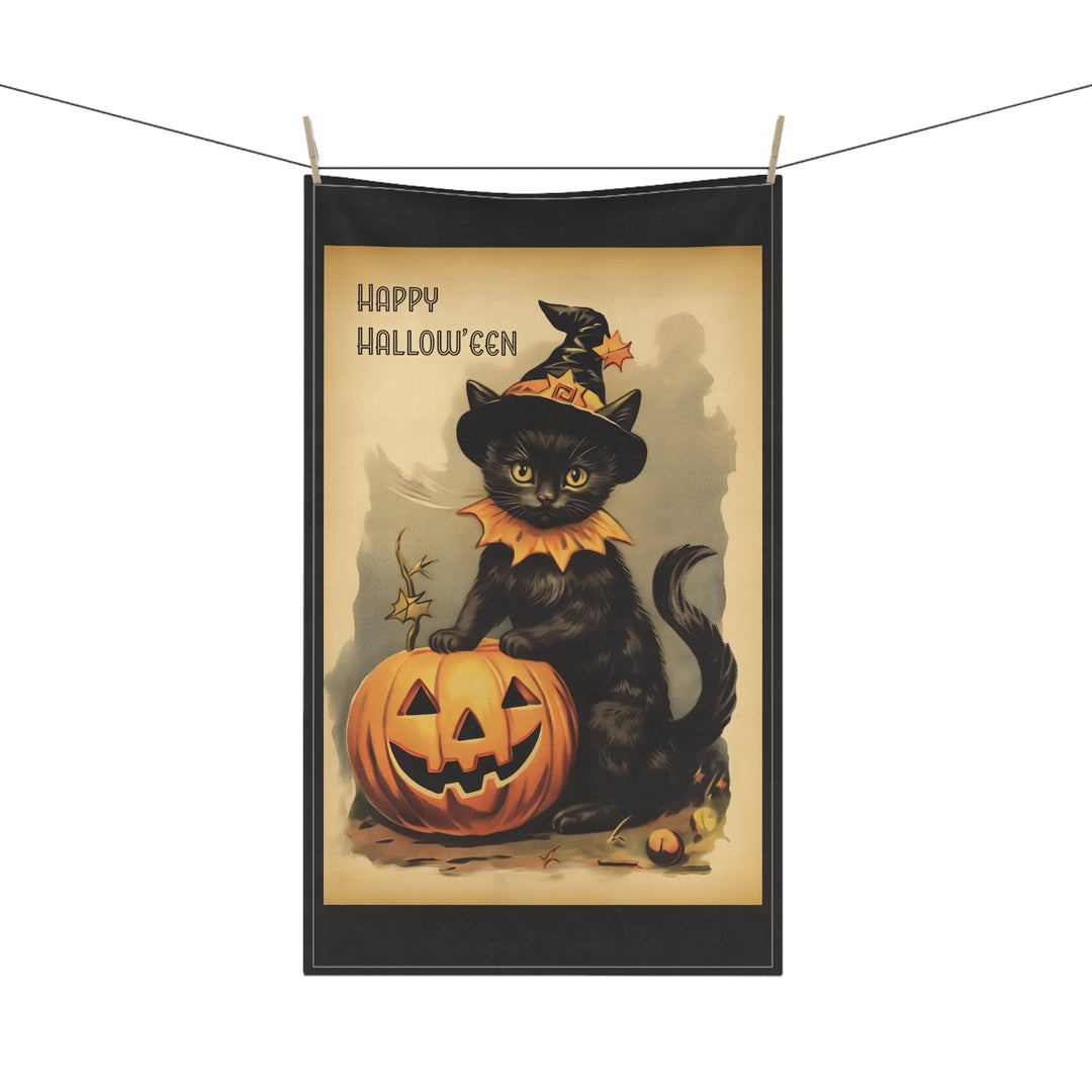 Cotton Twill Tea Towel / Vintage Halloween Art - Black Cats