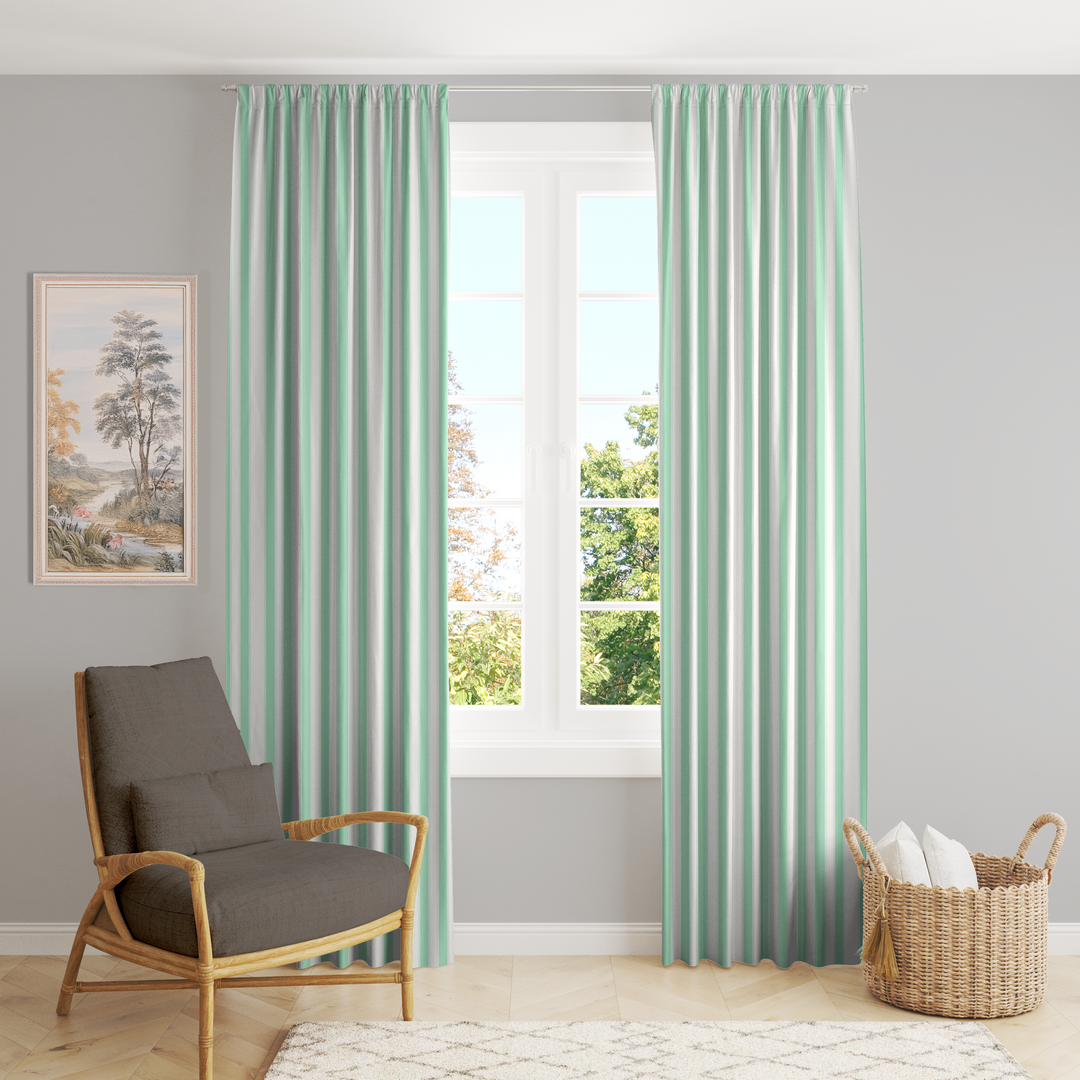 Window Curtain Set - Cotton Blend (2 Panels) | French Stripe - Seafoam  (Vintage Cottage Collection)