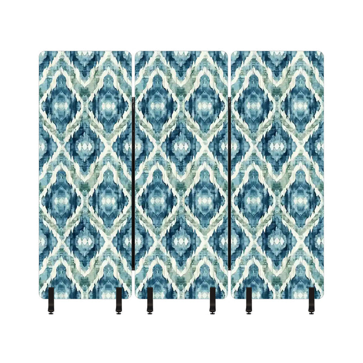 3 Panel Sound-Absorbing Room Divider / Ikat Fusion - Pale Blue and Greens