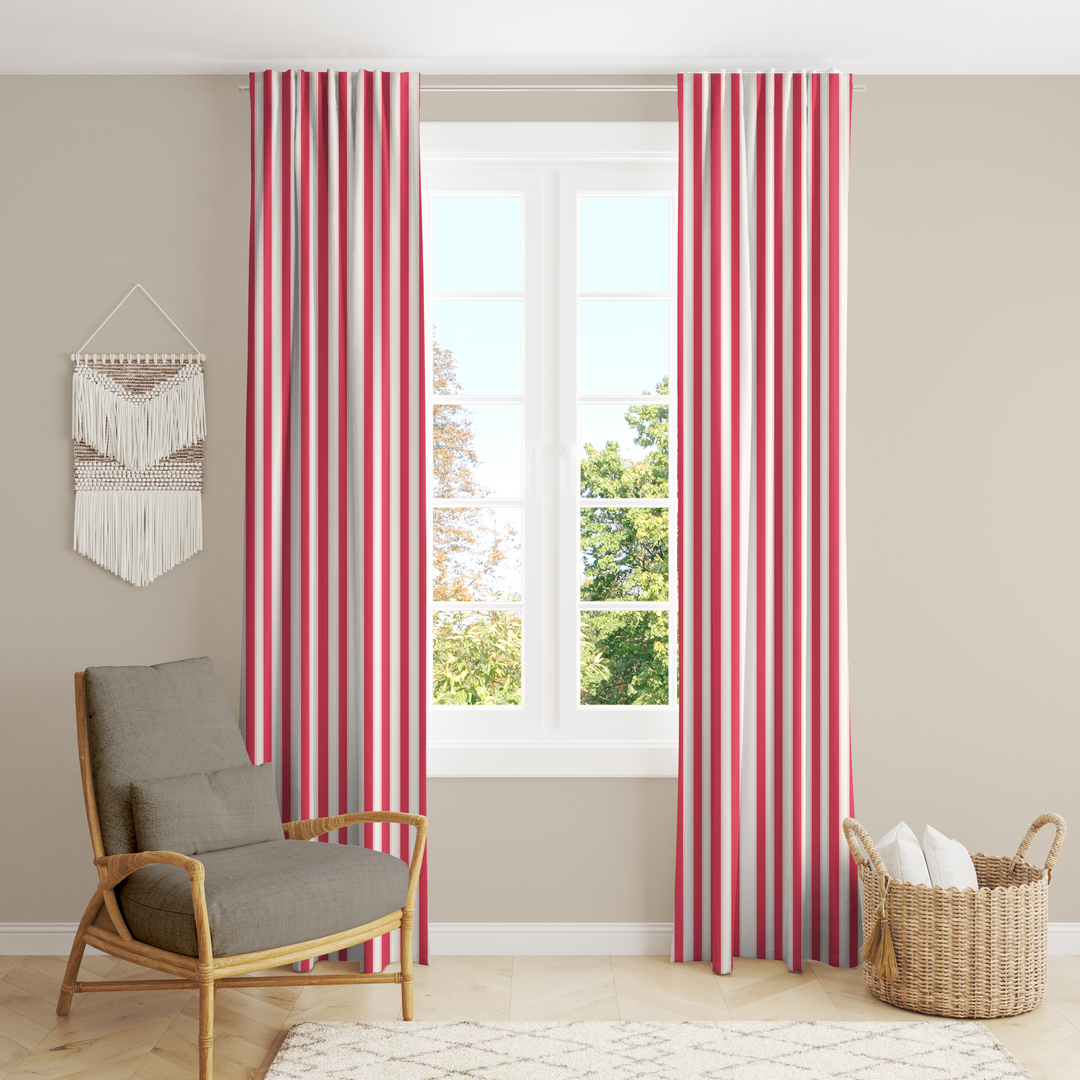 Window Curtain Set - Cotton Blend (2 Panels) | French Stripe - Rose  (Vintage Cottage Collection)