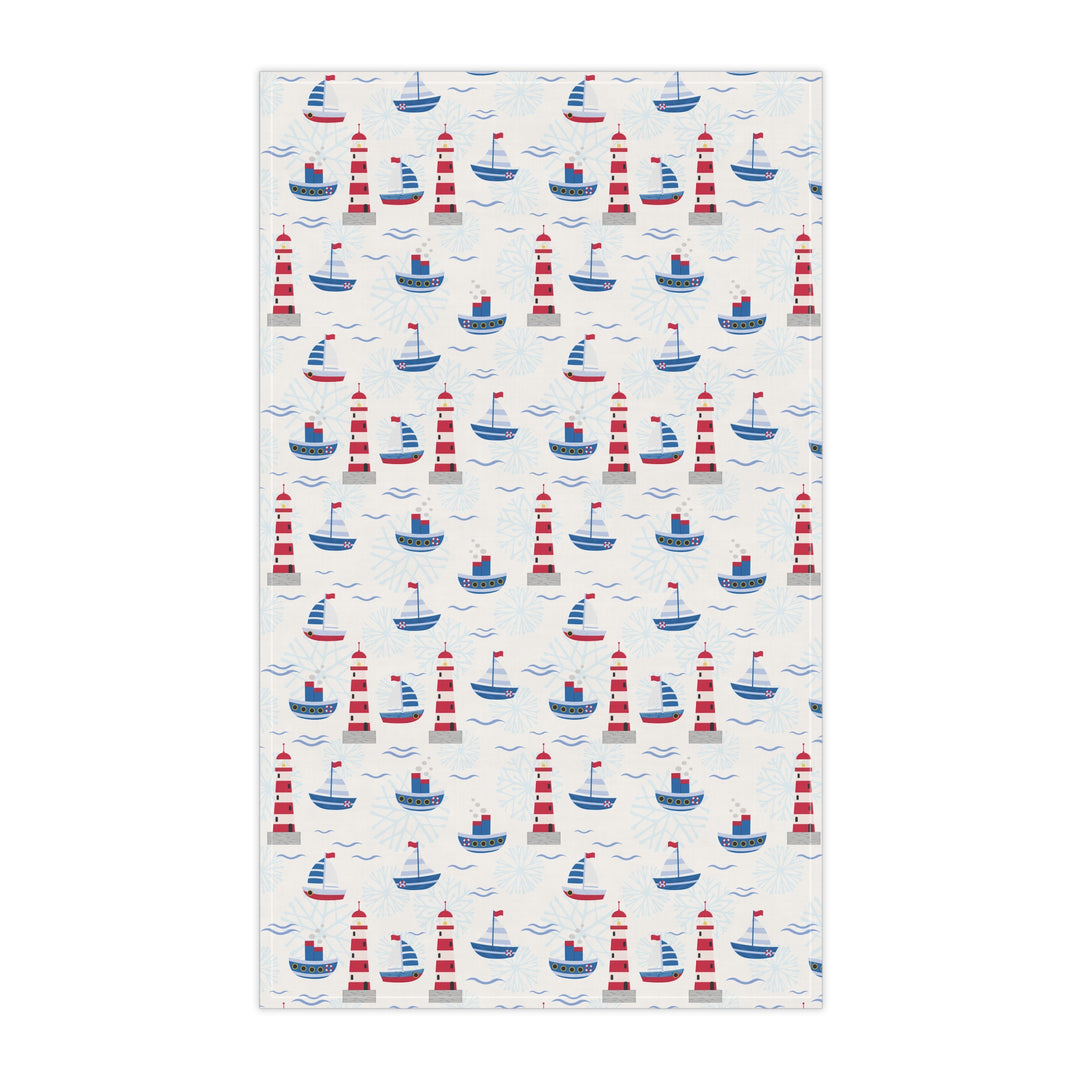 Cotton Twill Tea Towel / Christmas on the Coast / Boats and Snowflakes