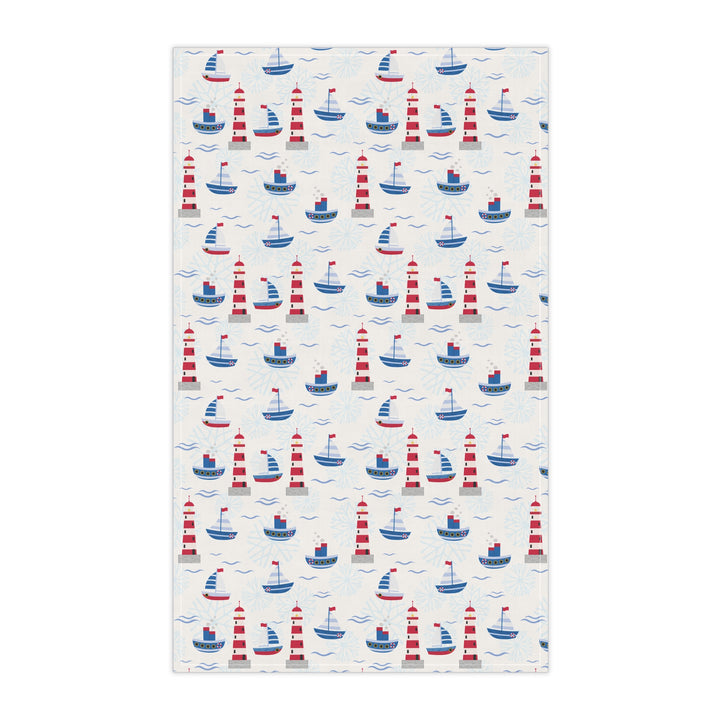 Cotton Twill Tea Towel / Christmas on the Coast / Boats and Snowflakes