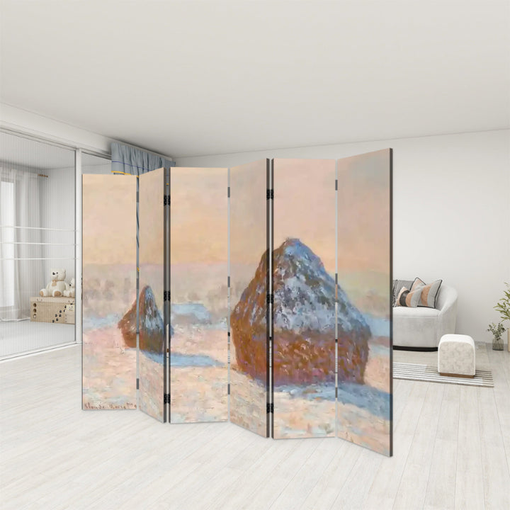 6 Panel Room Divider Folding Screen - Fine Art / Monet / Wheatstacks, Snow Effect, Morning (1891)