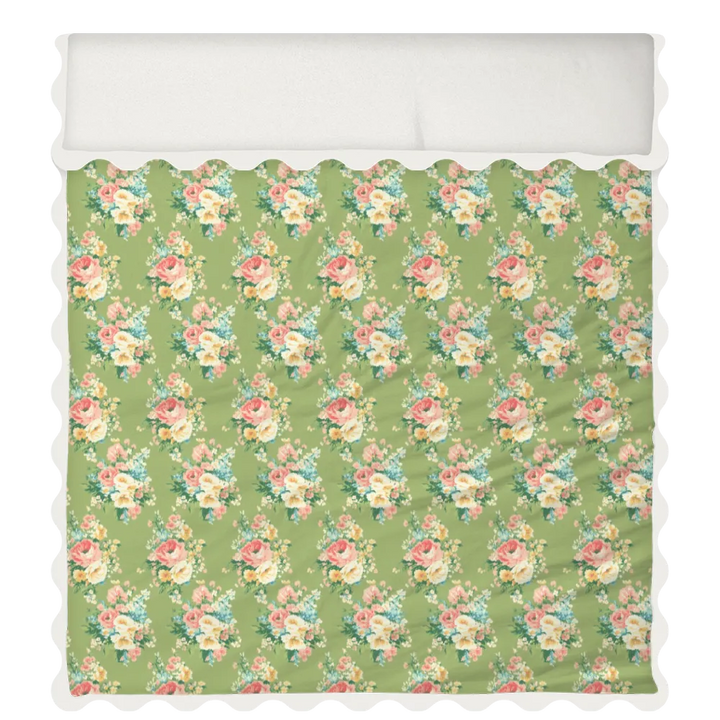 Vintage Cottage Collection Scalloped Duvet Cover Set - Florence (Lime)