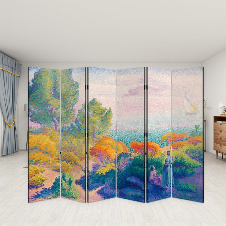 6 Panel Room Divider Folding Screen - Fine Art / Henri Edmond Cross / Two Women by the Shore, Mediterranean (1896)