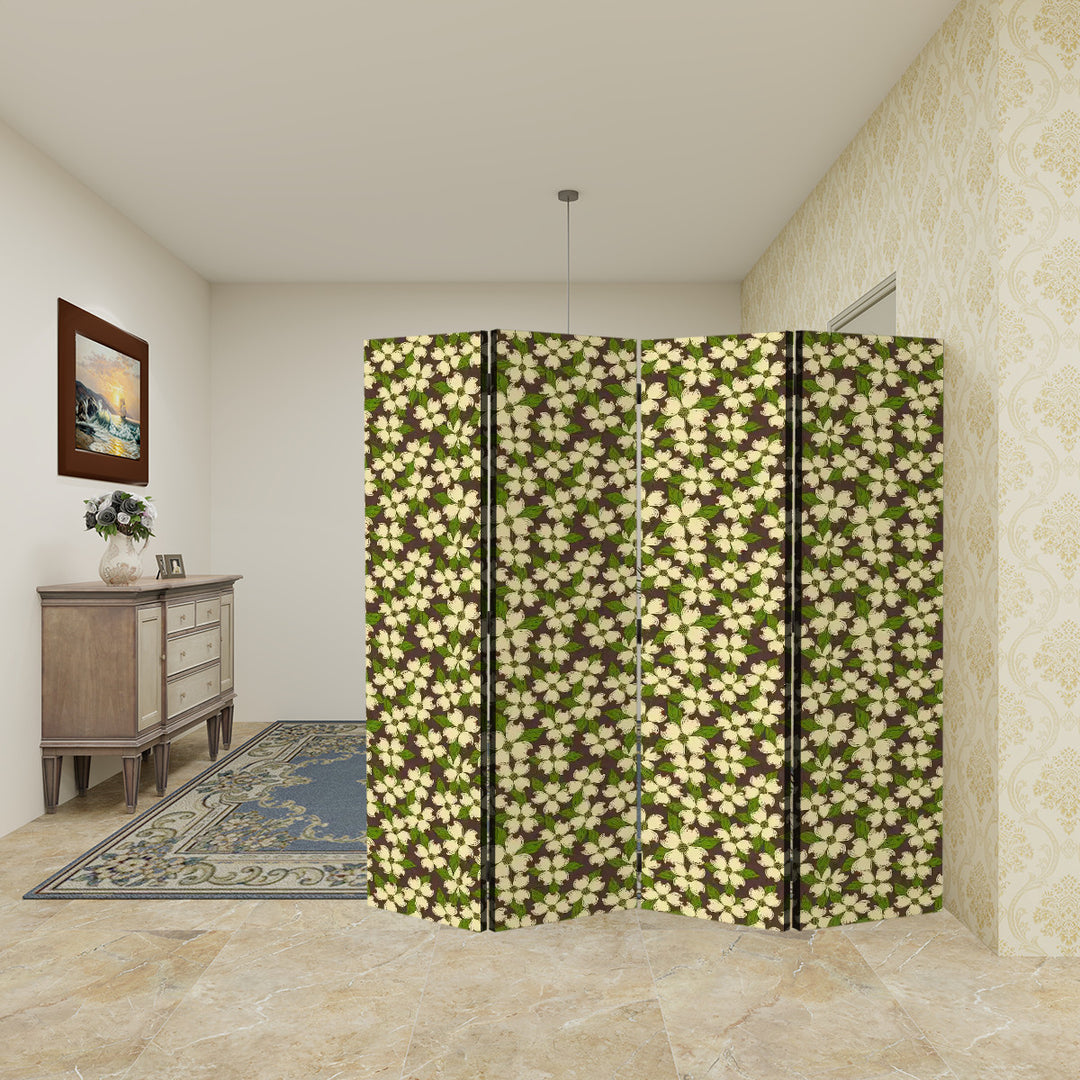 4 Panel Room Divider Folding Screen / North Carolina Dogwood - Yellow