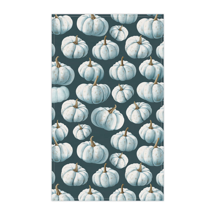 Cotton Twill Tea Towel / White Pumpkins on Teal Blue