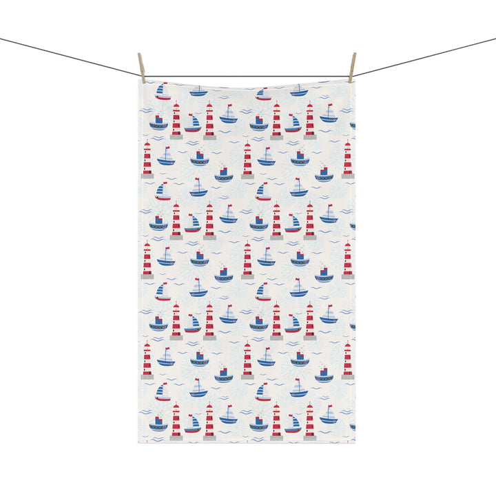 Cotton Twill Tea Towel / Christmas on the Coast / Boats and Snowflakes