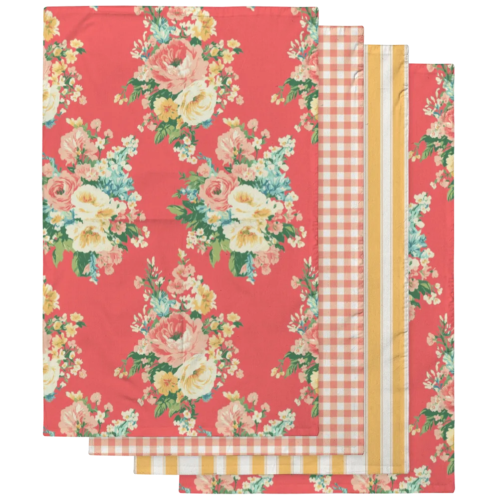 Florence – Dark Coral Tea Towel Set (4) | Vintage Cottage Collection