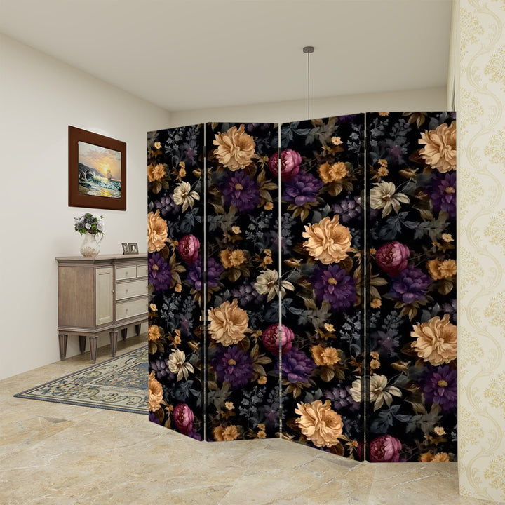 4 Panel Room Divider Folding Screen / Dark, Moody Floral - Purple and Gold