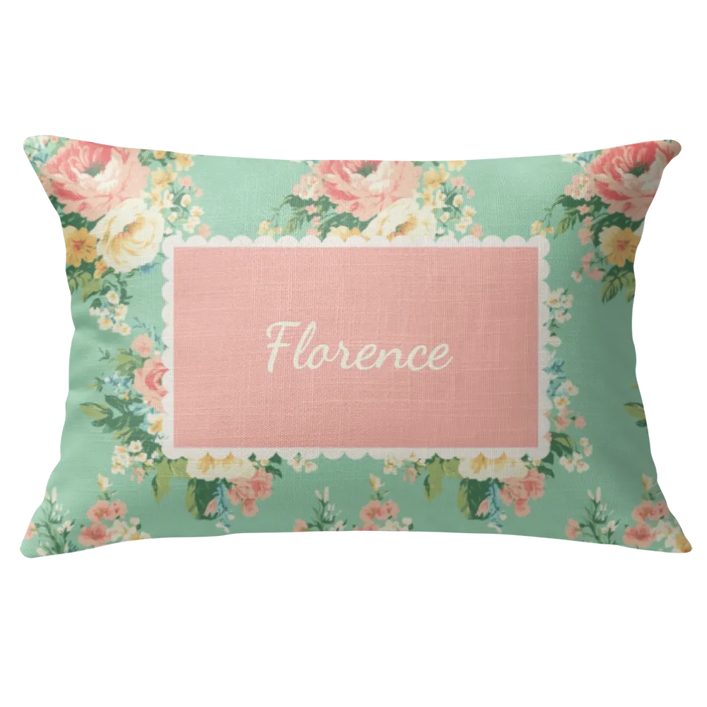 Florence - Aqua Floral Lumbar Pillow – Personalized Panel | Vintage Cottage Collection