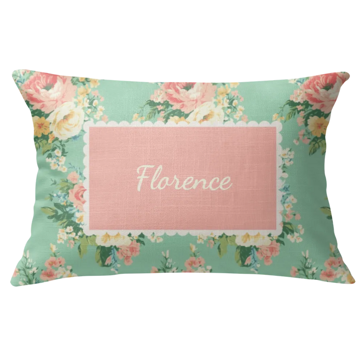 Florence - Aqua Floral Lumbar Pillow – Personalized Panel | Vintage Cottage Collection