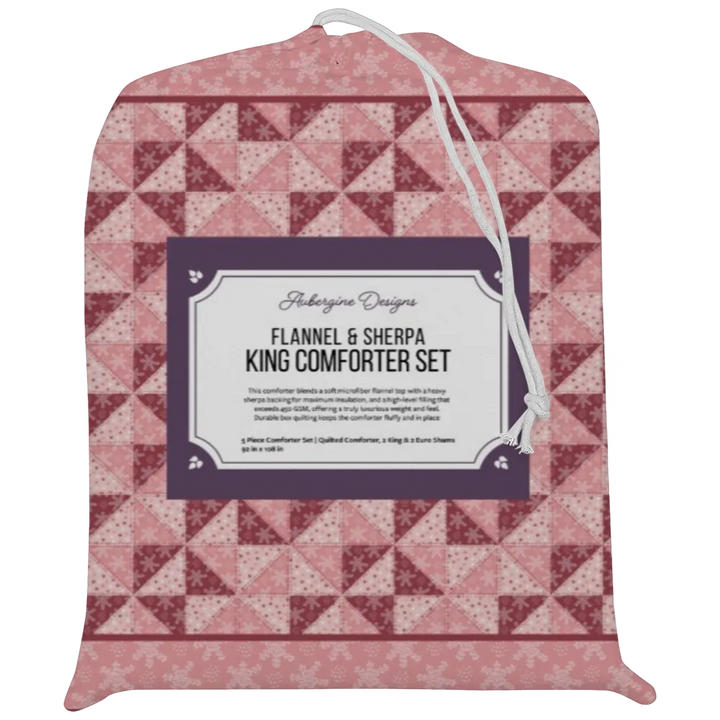 Luxury Flannel & Sherpa Comforter Set | Patchwork Pinwheel - Snow - Cranberry