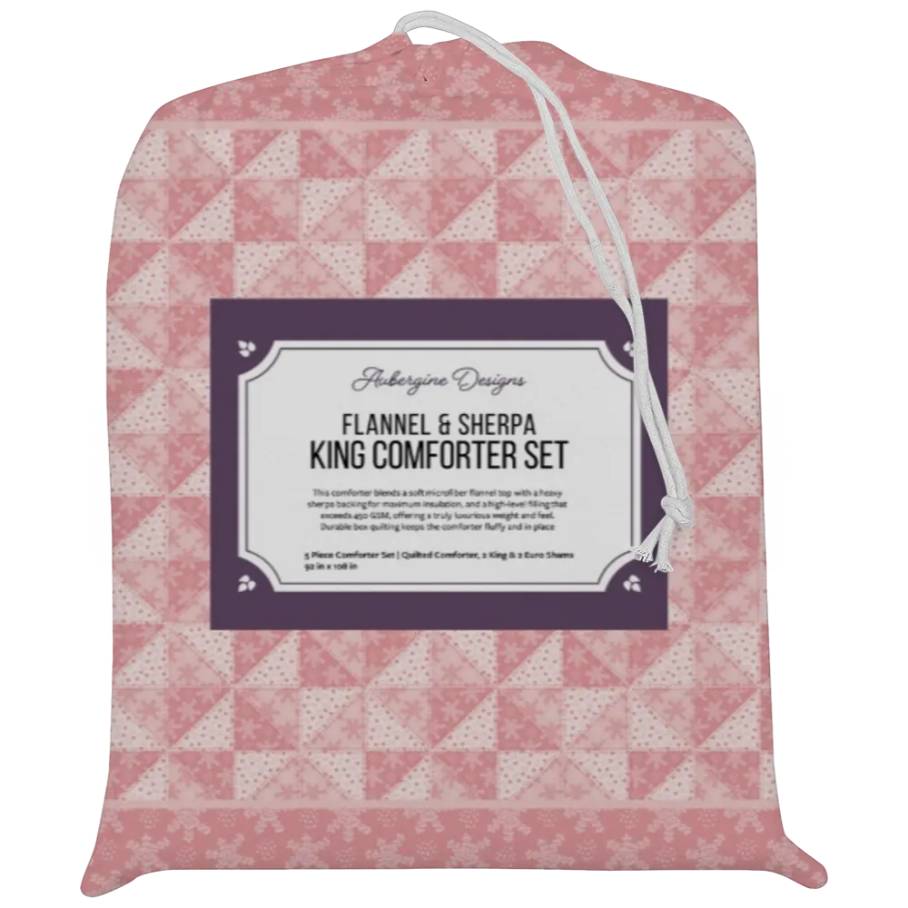 Luxury Flannel & Sherpa Comforter Set | Patchwork Pinwheel - Snow - Pink