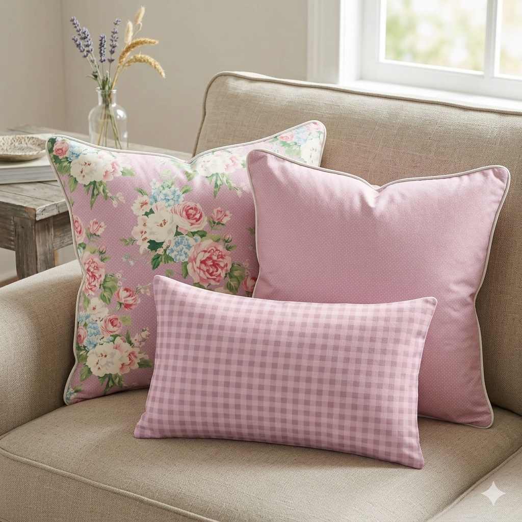 Vintage Cottage Pillow Trio – Emma (Lilac)